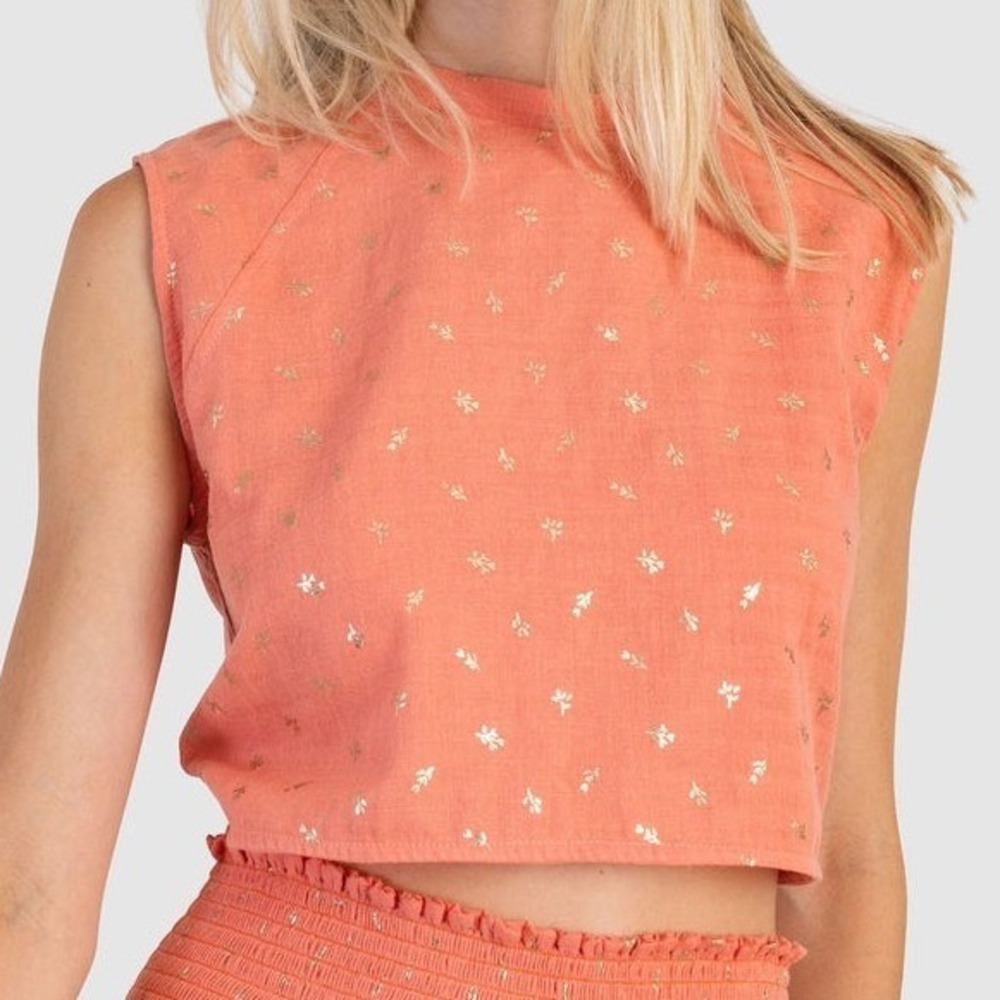 NWT KOCH Molly Top Coral Fleur Gold Metallic Floral Cotton Crop Sleeveless L